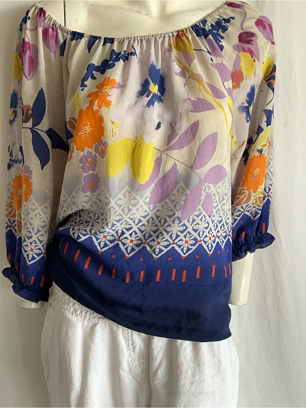 Fei 100% Silk Floral Peasant Blouse M Off Shoulder Boho Cottagecore Romantic